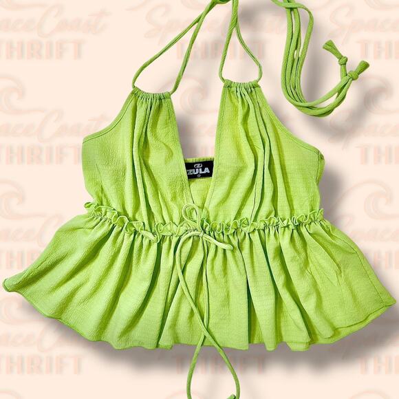Gauzy Green Halter Top – Y2K Style Festival Clubwear Stretchy Crop Tank – Medium - Picture 1 of 5